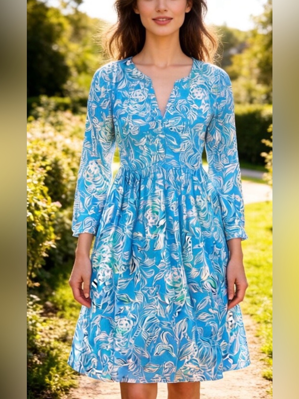 Lilly Pulitzer Blue and White Floral Long-Sleeve Midi Dress, Size M, Like New